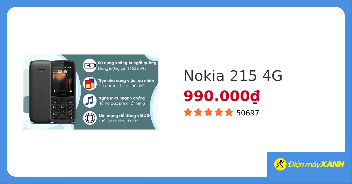 Điện thoại di động giá rẻ là lựa chọn của nhiều người. Tuy nhiên, giá thành rẻ không đồng nghĩa với chất lượng kém. Chiếc Nokia 215 4G đến từ Hoàng Hà Mobile sẽ là một sản phẩm tuyệt vời cho bạn nếu bạn đang tìm kiếm một chiếc điện thoại giá rẻ nhưng vẫn đảm bảo về tính năng và chất lượng.