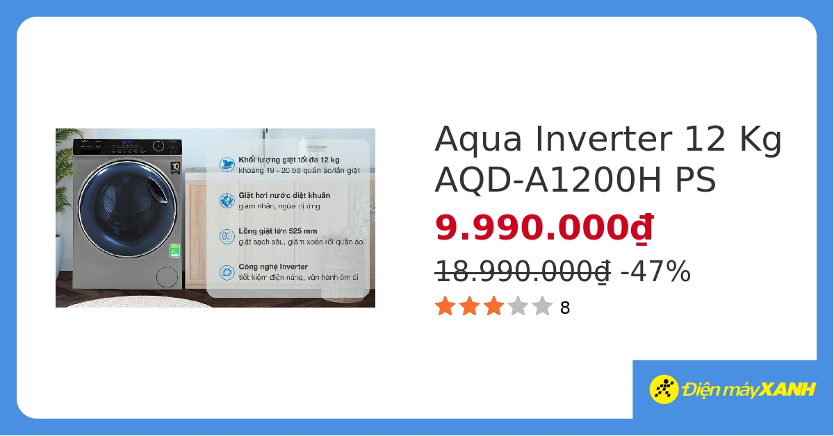Máy giặt Aqua Inverter 12 kg AQD-A1200H PS - giá tốt, có trả góp