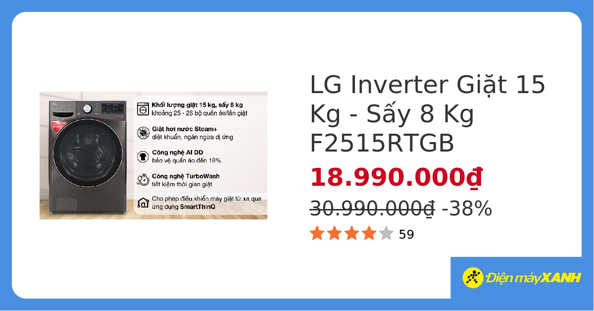 Máy giặt sấy LG AI DD Inverter giặt 15 kg – sấy 8 kg F2515RTGB&286598 hover
