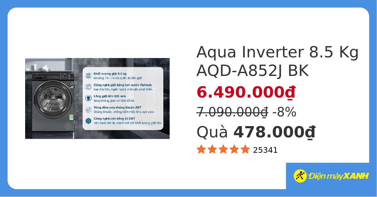 Máy giặt Aqua Inverter 8.5 kg AQD-A852J BK&307237 hover