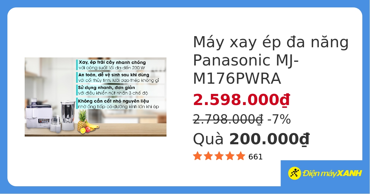 Máy xay ép đa năng Panasonic MJ-M176PWRA hover