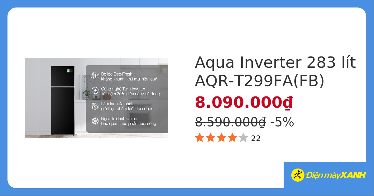 Tủ lạnh Aqua Inverter 283 lít AQR-T299FA(FB) - giá tốt, có trả góp