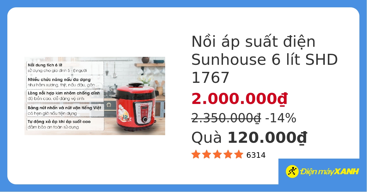 Nồi áp suất điện Sunhouse SHD 1767 6.0 lít hover