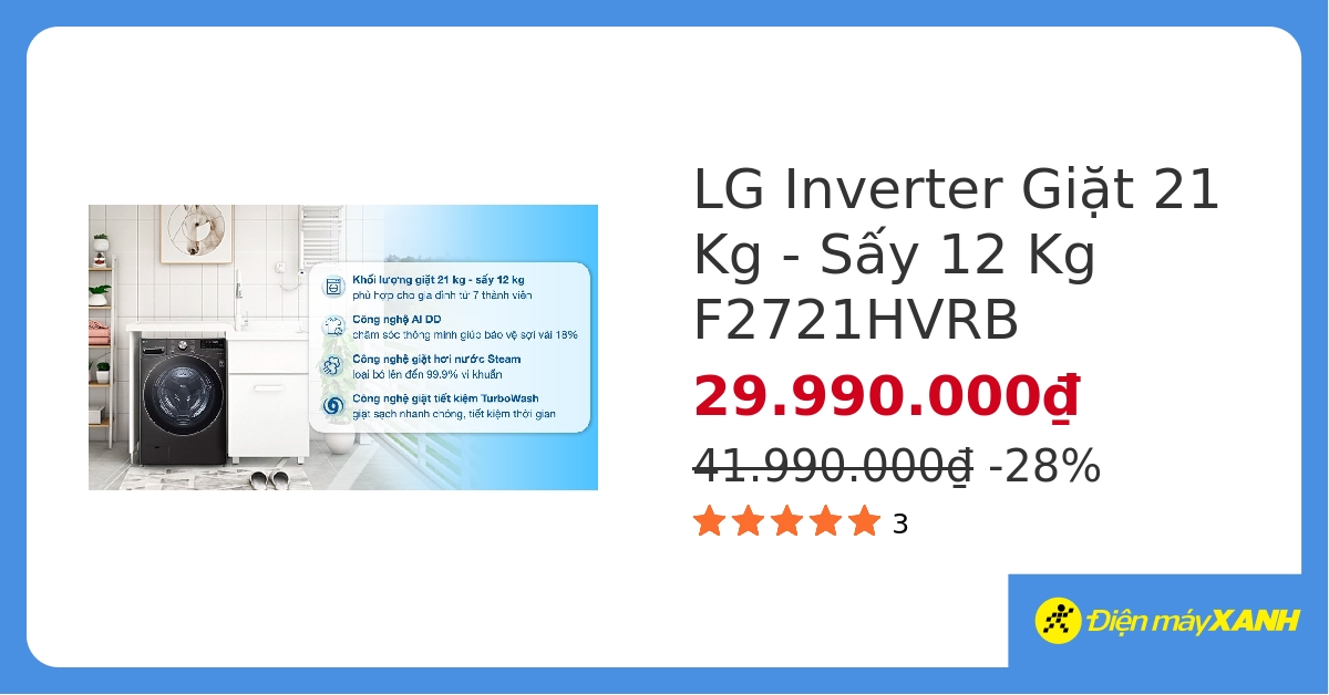 Máy giặt sấy LG AI DD Inverter giặt 21 kg – sấy 12 kg F2721HVRB&304621 hover