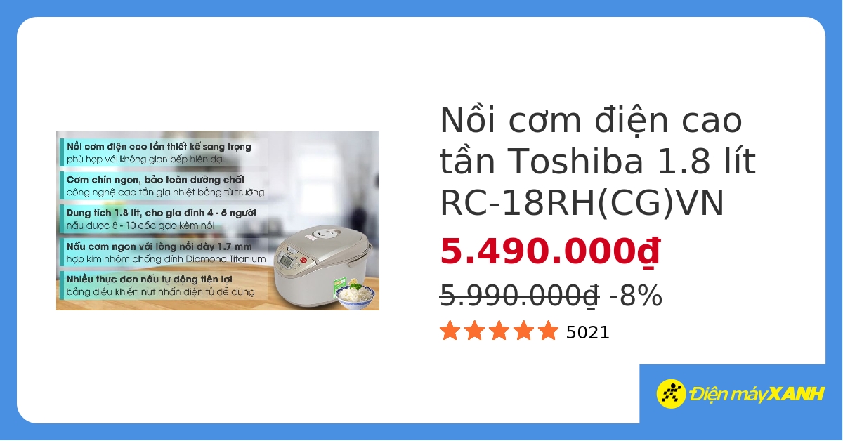 Nồi cơm cao tần Toshiba 1.8 lít RC-18RH(CG)VN hover