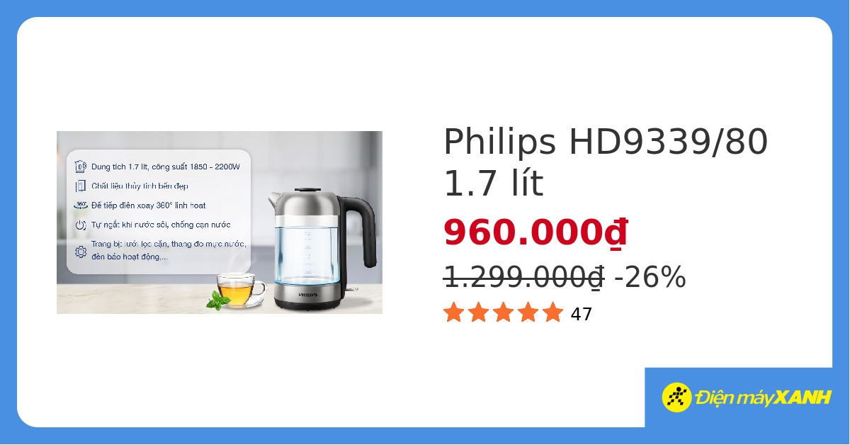 Bình đun siêu tốc Philips 1.7 lít HD9339/80 hover