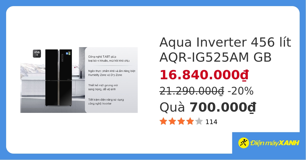 Tủ lạnh Aqua Inverter 456 lít AQR-IG525AM GB giá tốt, có trả góp