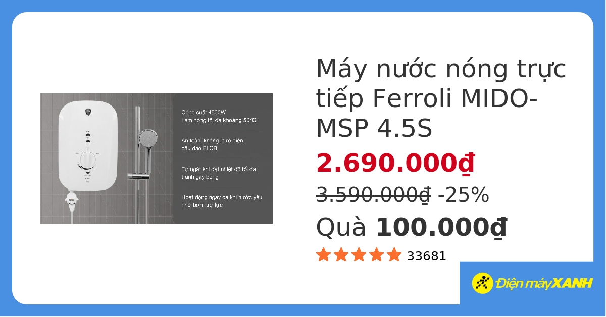 Máy nước nóng trực tiếp Ferroli 4500W MIDO-MSP 4.5S hover
