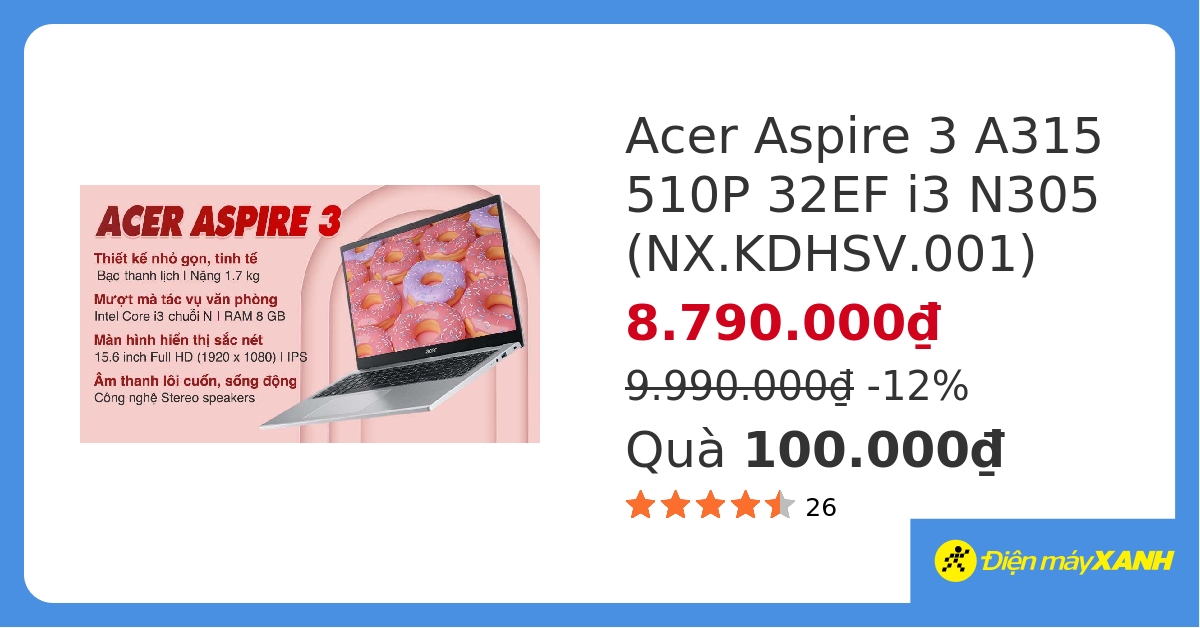 Laptop Acer Aspire 3 A315 510P 32EF i3 N305/8GB/256GB/Win11 (NX.KDHSV.001) hover