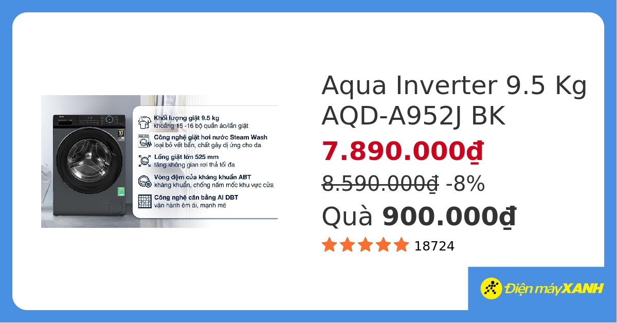 Máy giặt Aqua Inverter 9.5 kg AQD-A952J BK&307863 hover