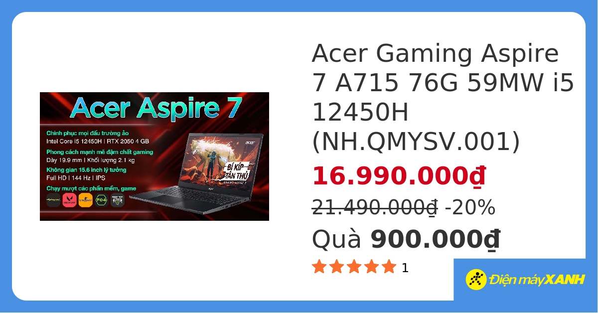 Laptop Acer Aspire 7 Gaming A715 76G 59MW i5 12450H/8GB/512GB/4GB RTX2050/144Hz/Win11 (NH.QMYSV.001) hover
