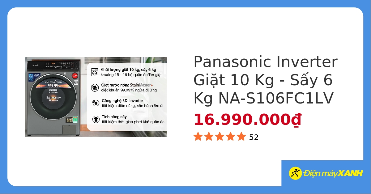 Máy giặt sấy Panasonic Inverter giặt 10 kg – sấy 6 kg NA-S106FC1LV&283845 hover