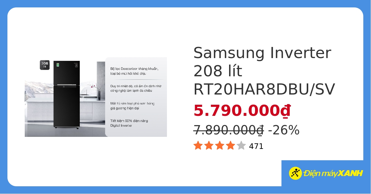 Tủ lạnh Samsung Inverter 208 lít RT20HAR8DBU/SV giá tốt, có trả góp