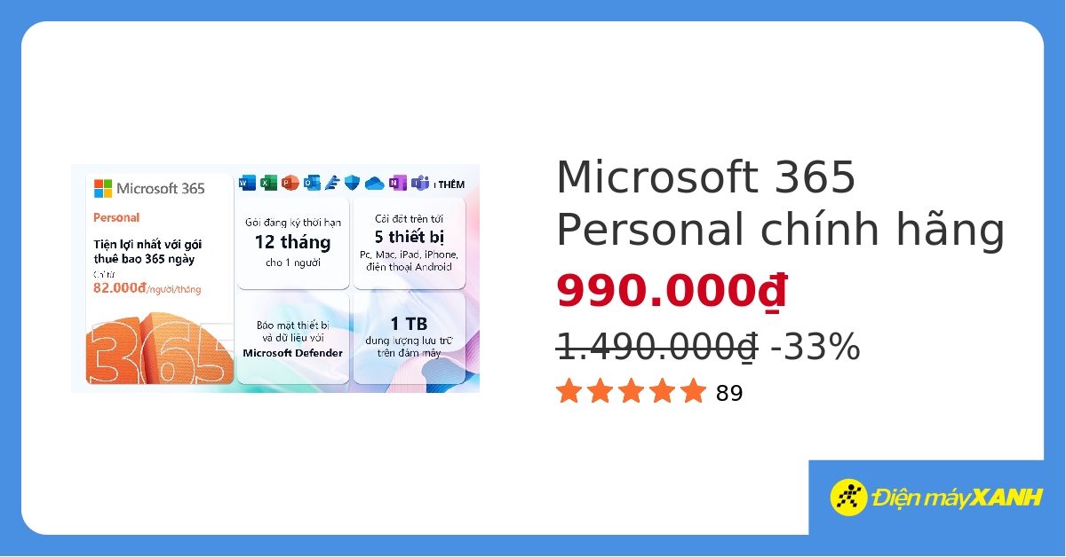 Microsoft 365 Personal 32/64Bit 1 Năm 1 User Win/Mac