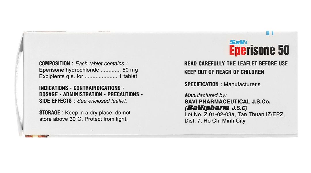 SaVi Eperisone 50 cải thiện chứng tăng trương lực cơ, liệt co cứng (5 vỉ x 10 viên) - 3