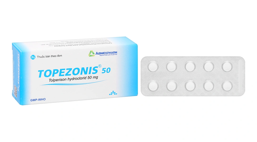 Topezonis 50 trị triệu chứng co cứng sau đột quỵ (3 vỉ x 10 viên) - 