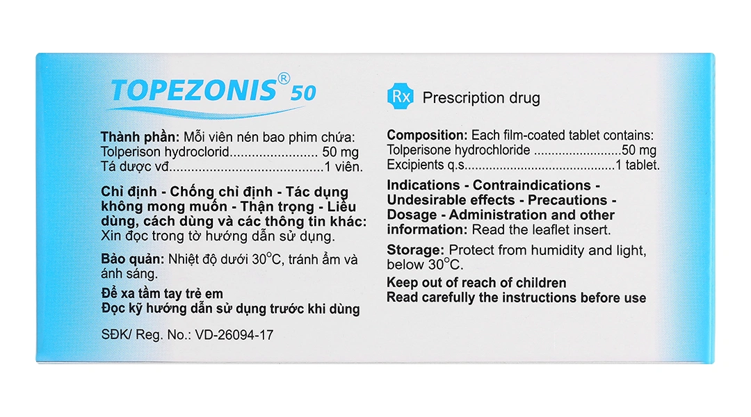Topezonis 50 trị triệu chứng co cứng sau đột quỵ (3 vỉ x 10 viên) - 1
