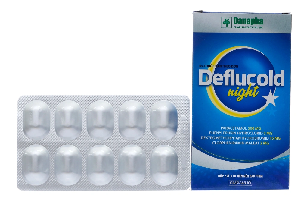 Deflucold Night triệu chứng bệnh cảm cúm như sốt, nhức đầu, ho, sổ mũi (2 vỉ x 10 viên) - 