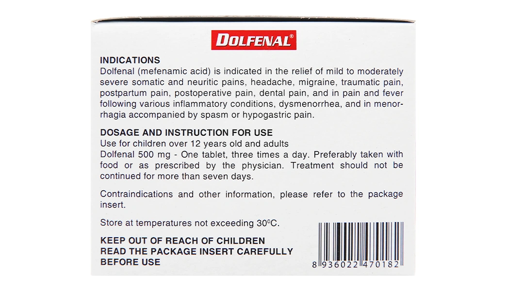 Dolfenal 500mg trị cơn đau nhẹ đến trung bình (25 vỉ x 4 viên) - 4
