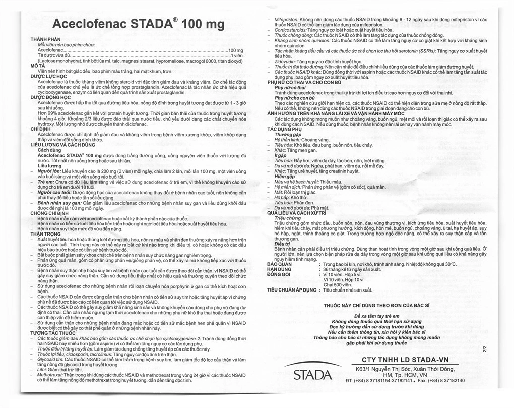 Aceclofenac Stella 100mg giảm đau, kháng viêm xương khớp (5 vỉ x 10 viên) - 6