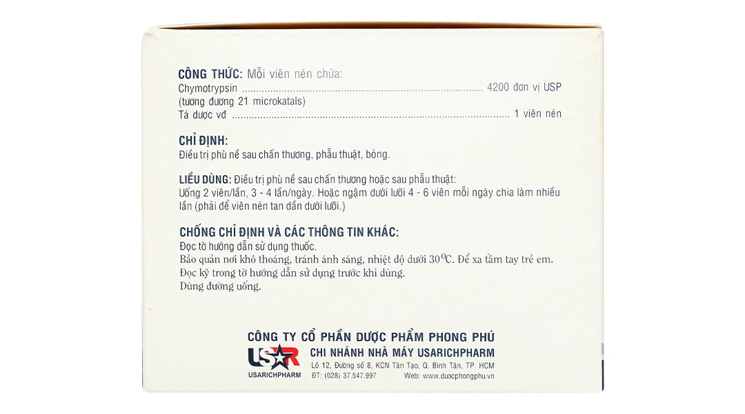 Alphachymotrypsin USAR 4200IU trị phù nề sau chấn thương (100 vỉ x 10 viên) - 3