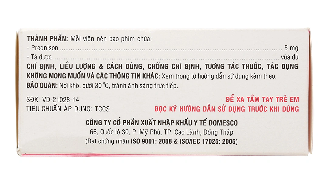 Prednison Domesco 5mg chống viêm, ức chế miễn dịch (10 vỉ x 10 viên) - 3