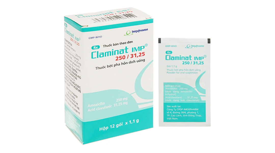 Bột pha hỗn dịch uống Claminat IMP 250/31.25 trị nhiễm khuẩn (12 gói x 1.1g) - 
