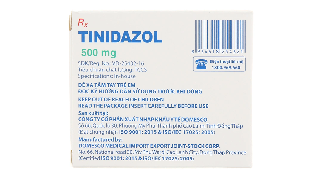 Tinidazol Domesco 500mg dự phòng và trị nhiễm khuẩn (1 vỉ x 4 viên) - 1