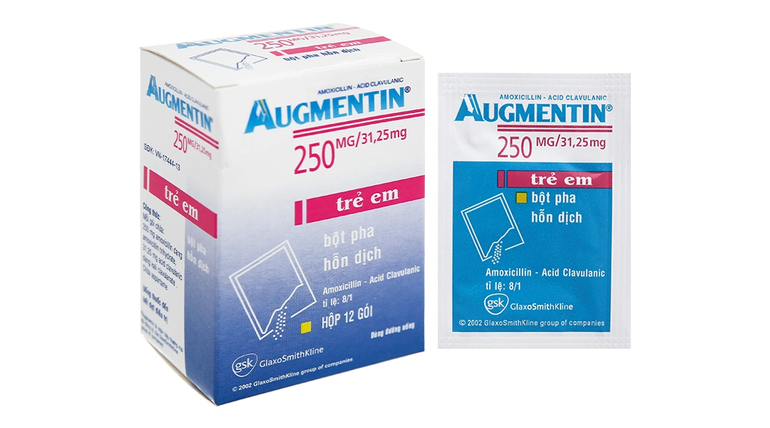 Bột pha hỗn dịch uống Augmentin GSK 250mg/31.25mg điều trị nhiễm khuẩn hộp 12 gói - 