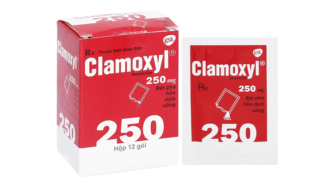 Bột pha hỗn dịch uống Clamoxyl 250 trị nhiễm khuẩn hộp 12 gói - 