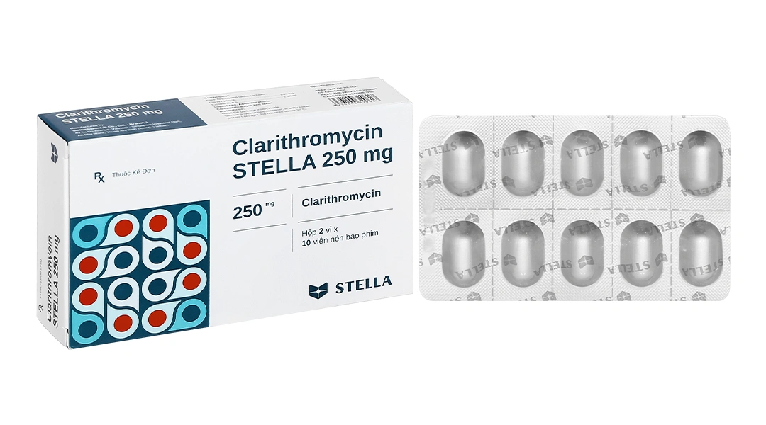 Clarithromycin Stella 250mg trị nhiễm khuẩn do các vi khuẩn nhạy cảm (2 vỉ x 10 viên) - 