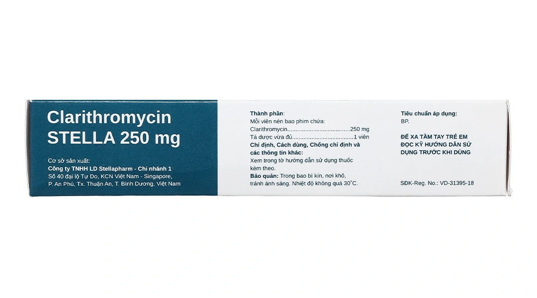 Clarithromycin Stella 250mg trị nhiễm khuẩn do các vi khuẩn nhạy cảm (2 vỉ x 10 viên) - 2