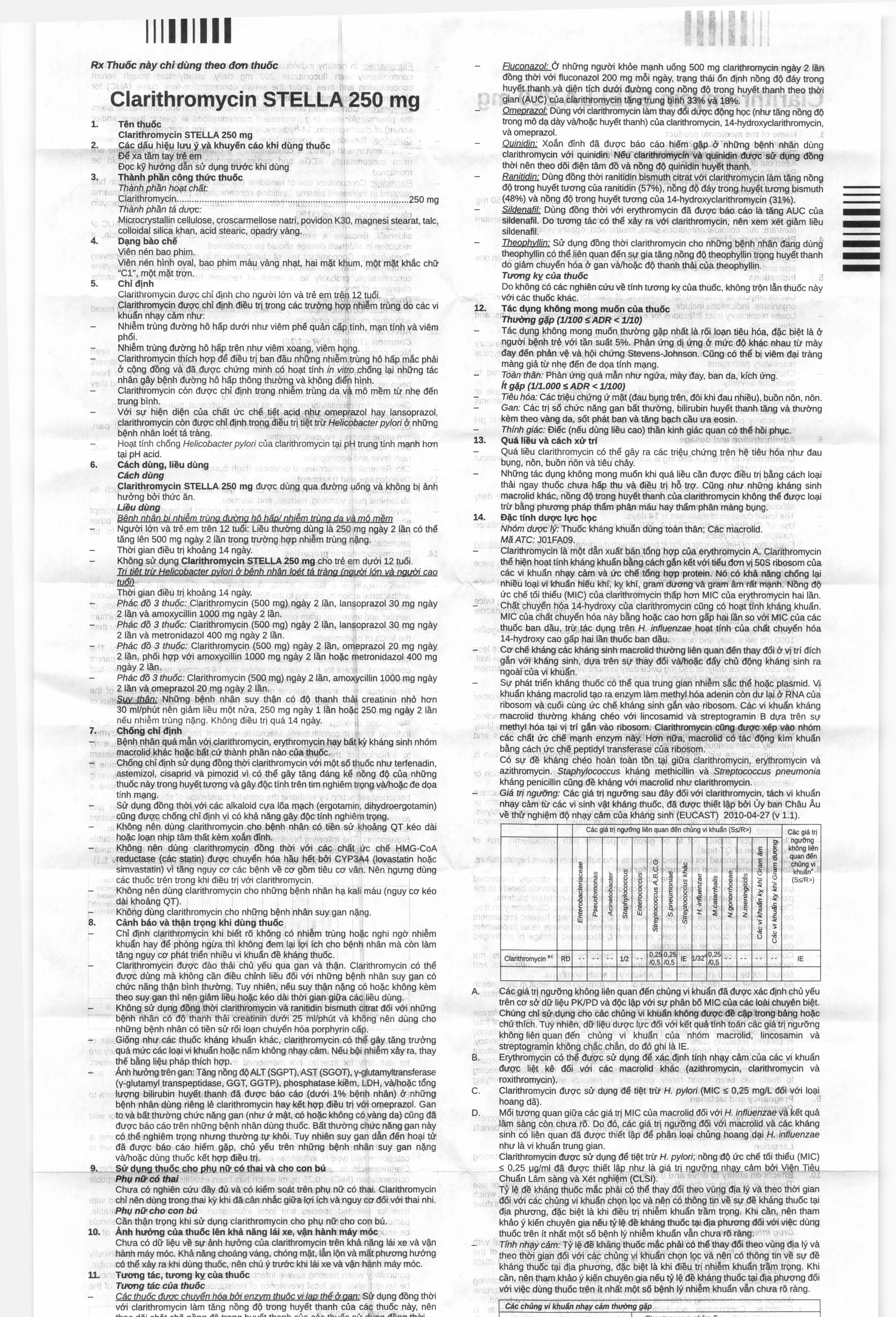 Clarithromycin Stella 250mg trị nhiễm khuẩn do các vi khuẩn nhạy cảm (2 vỉ x 10 viên) - 5