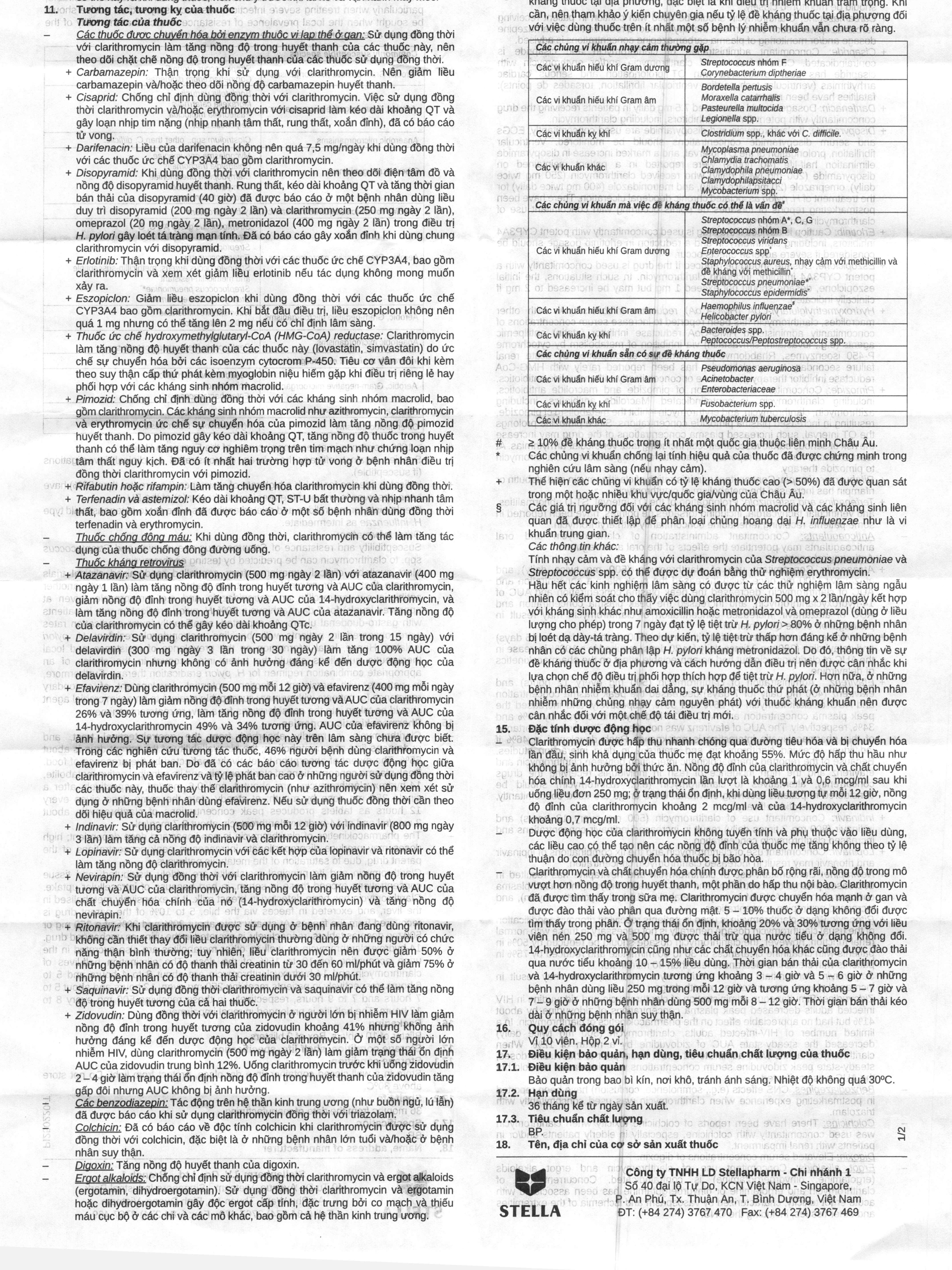 Clarithromycin Stella 250mg trị nhiễm khuẩn do các vi khuẩn nhạy cảm (2 vỉ x 10 viên) - 6