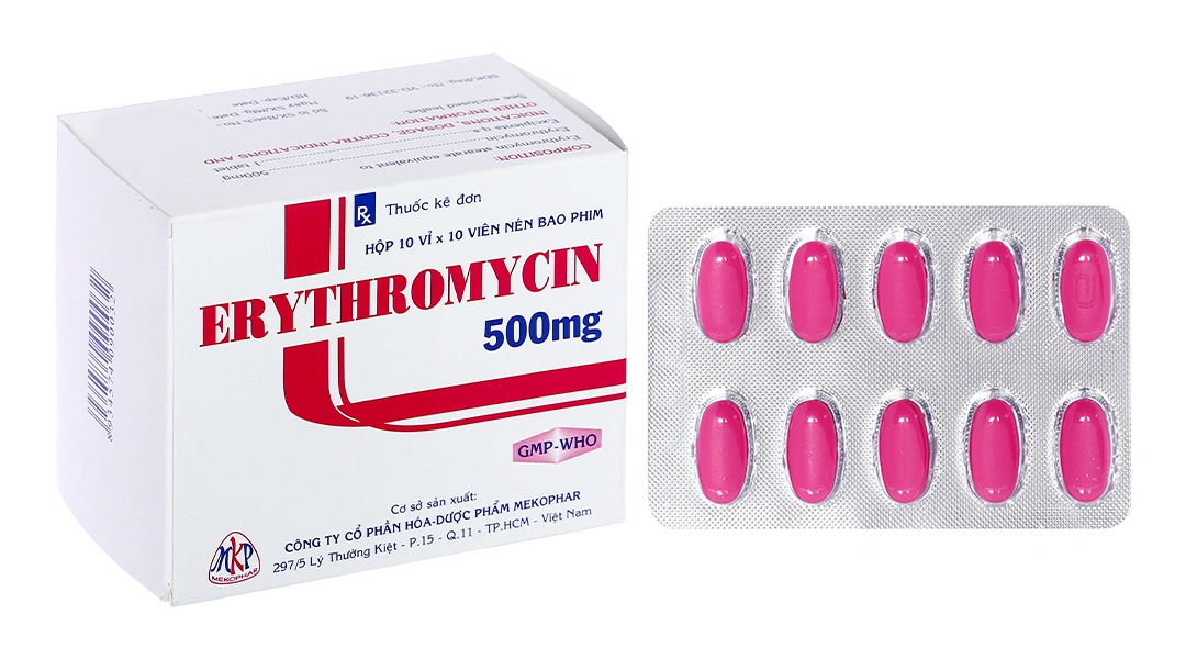 Erythromycin Mekophar 500mg trị nhiễm khuẩn đường hô hấp, da, mô mềm (10 vỉ x 10 viên) - 
