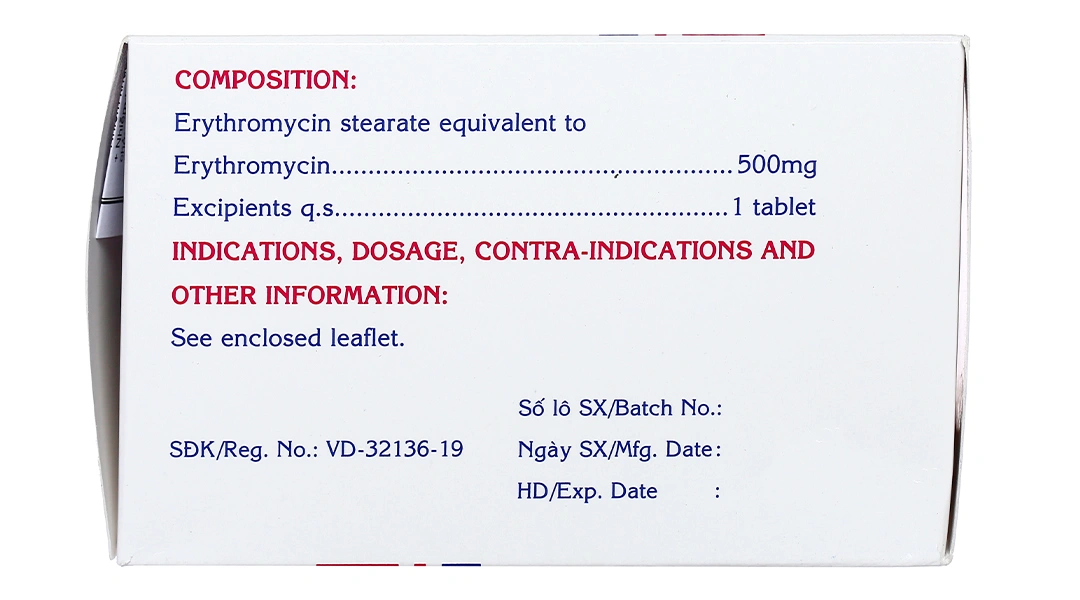 Erythromycin Mekophar 500mg trị nhiễm khuẩn đường hô hấp, da, mô mềm (10 vỉ x 10 viên) - 3