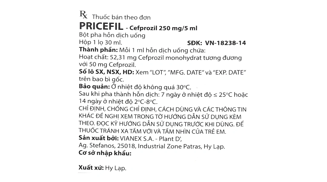 Bột pha hỗn dịch uống Pricefil 250mg/5ml trị nhiễm khuẩn đường hô hấp chai 30ml - 4