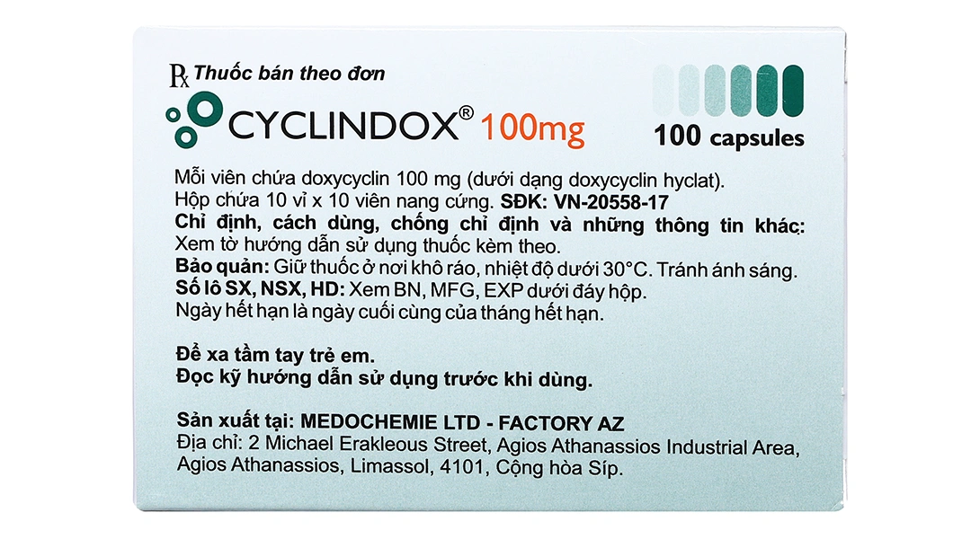 Cyclindox 100mg trị nhiễm khuẩn (10 vỉ x 10 viên) - 2