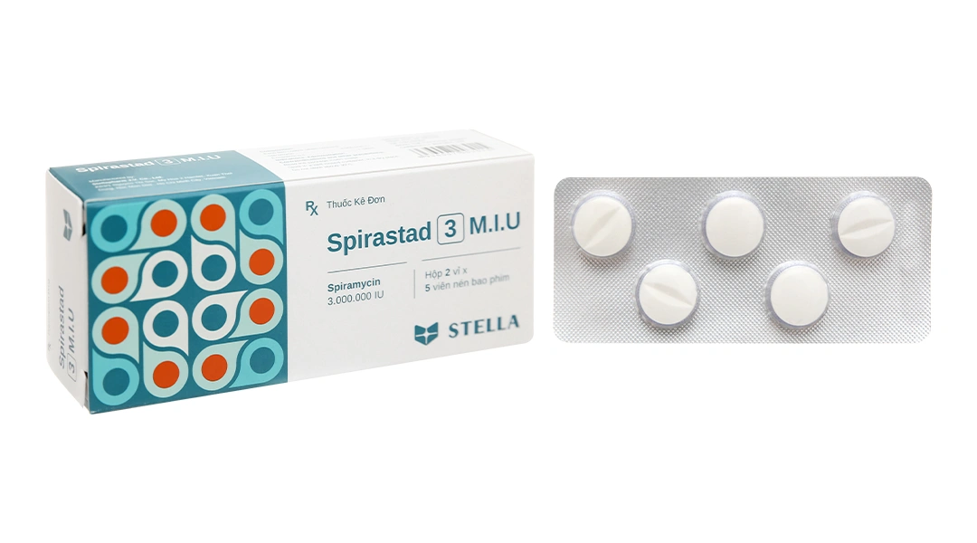 Spirastad 3 M.I.U trị nhiễm khuẩn đường hô hấp, da, và sinh dục (2 vỉ x 5 viên) - 