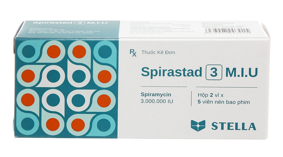 Spirastad 3 M.I.U trị nhiễm khuẩn đường hô hấp, da, và sinh dục (2 vỉ x 5 viên) - 1
