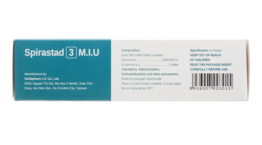 Spirastad 3 M.I.U trị nhiễm khuẩn đường hô hấp, da, và sinh dục (2 vỉ x 5 viên) - 4