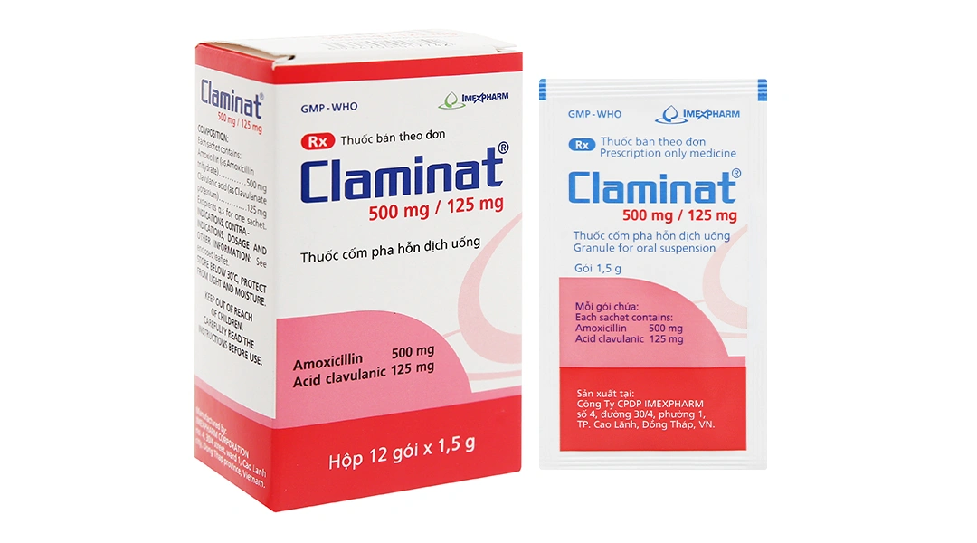 Cốm pha hỗn dịch uống Claminat 500mg/125mg trị nhiễm khuẩn (12 gói x 1.5g) - 