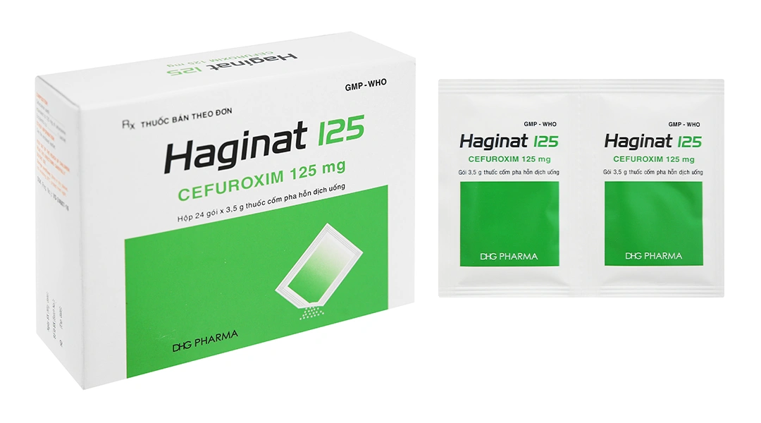 Cốm pha hỗn dịch uống Haginat 125 trị nhiễm khuẩn do vi khuẩn nhạy cảm (24 gói x 3.5g) - 