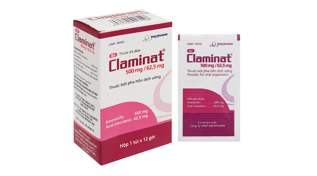 Bột pha hỗn dịch uống Claminat 500mg/62.5mg trị nhiễm khuẩn túi 12 gói - 