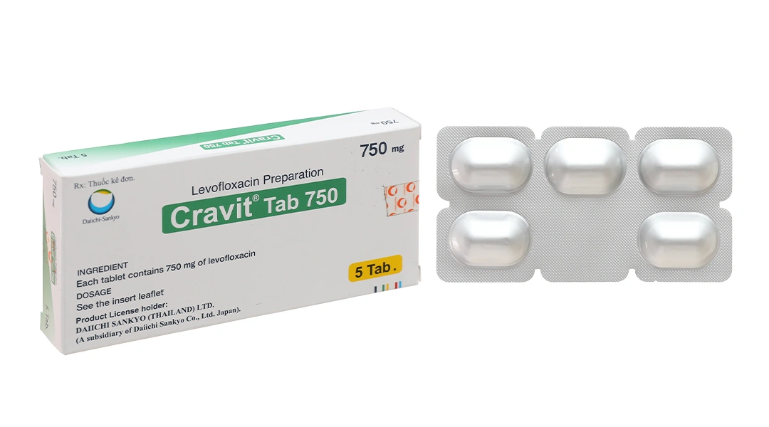 Cravit Tab 750 trị nhiễm khuẩn nhẹ, trung bình và nghiêm trọng (1 vỉ x 5 viên) - 