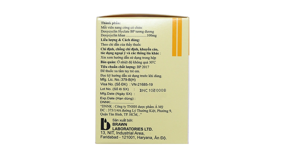 Doxycycline Capsules BP Brawn 100mg trị nhiễm khuẩn (10 vỉ x 10 viên) - 3