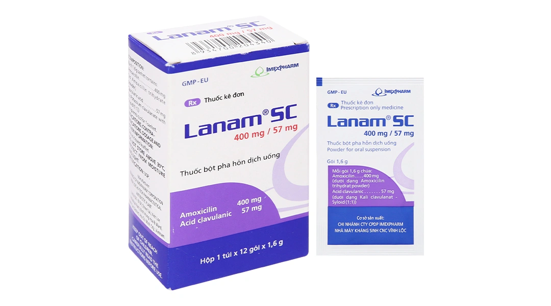 Bột pha hỗn dịch uống Lanam SC 400mg/57mg trị nhiễm khuẩn (12 gói x 1.6g) - 