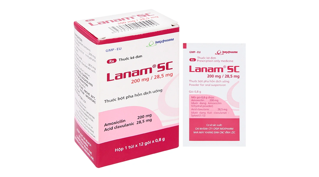 Bột pha hỗn dịch uống Lanam SC 200mg/28,5mg trị nhiễm khuẩn (12 gói x 0.8g) - 
