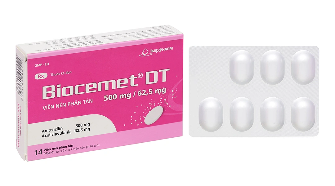 Biocemet DT 500mg/62,5mg trị nhiễm khuẩn do vi khuẩn nhạy cảm (2 vỉ x 7 viên) - 