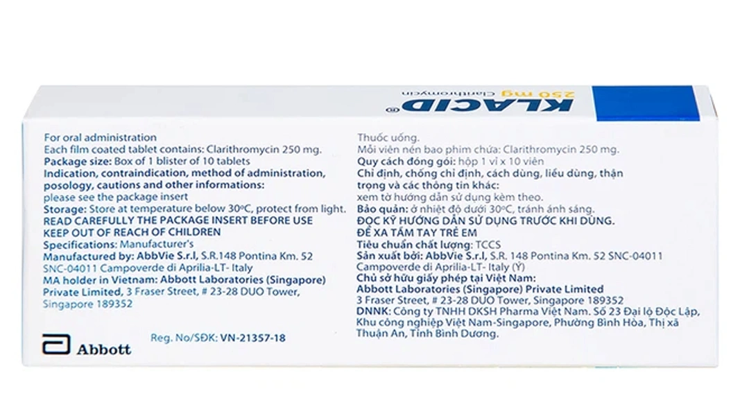 Klacid 250mg trị viêm amidan, viêm tai giữa (1 vỉ x 10 viên) - 1